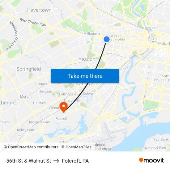 56th St & Walnut St to Folcroft, PA map