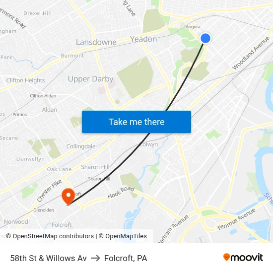 58th St & Willows Av to Folcroft, PA map