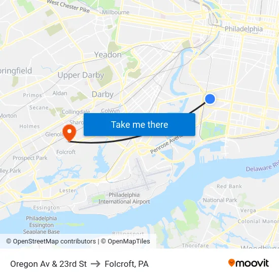 Oregon Av & 23rd St to Folcroft, PA map