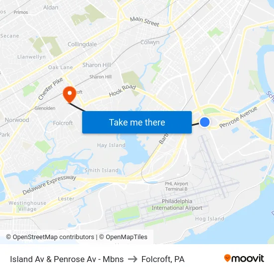 Island Av & Penrose Av - Mbns to Folcroft, PA map