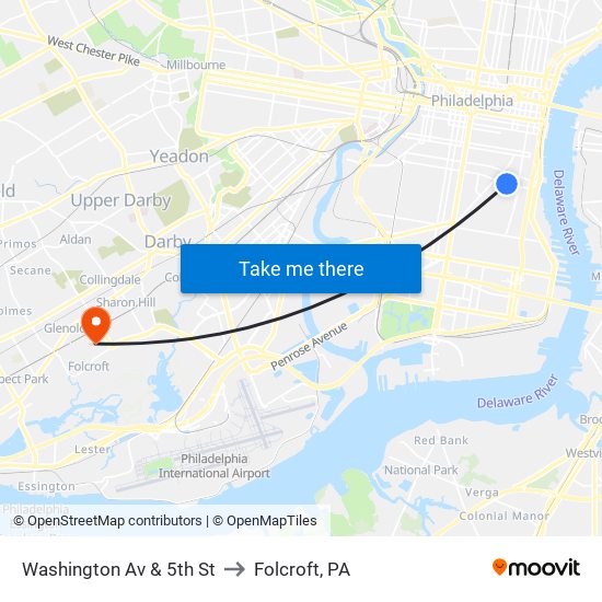 Washington Av & 5th St to Folcroft, PA map