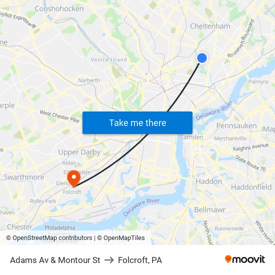 Adams Av & Montour St to Folcroft, PA map