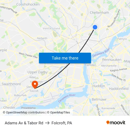 Adams Av & Tabor Rd to Folcroft, PA map