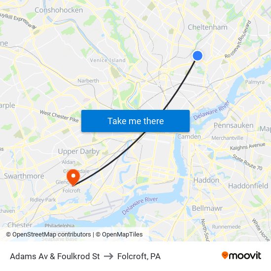 Adams Av & Foulkrod St to Folcroft, PA map