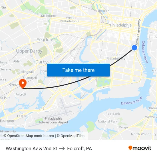 Washington Av & 2nd St to Folcroft, PA map