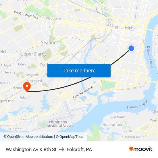 Washington Av & 8th St to Folcroft, PA map