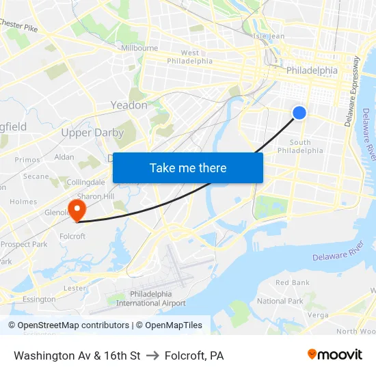 Washington Av & 16th St to Folcroft, PA map