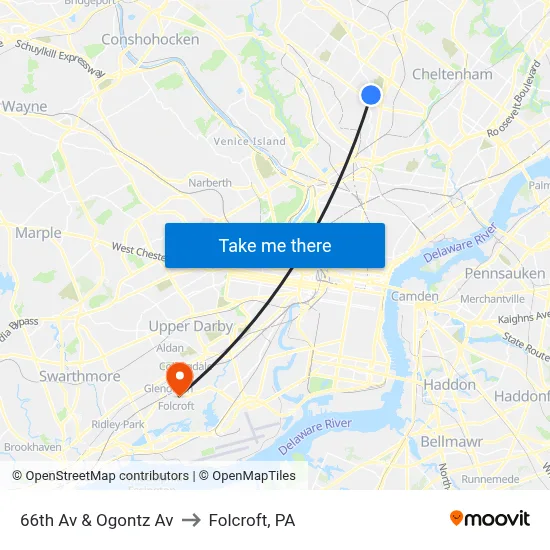 66th Av & Ogontz Av to Folcroft, PA map
