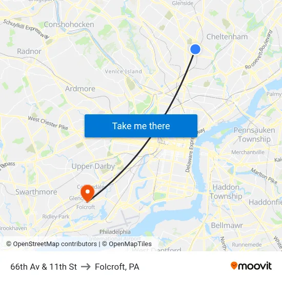66th Av & 11th St to Folcroft, PA map