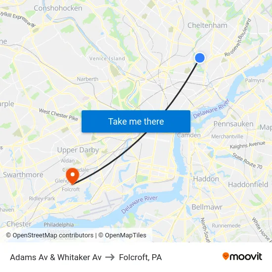 Adams Av & Whitaker Av to Folcroft, PA map