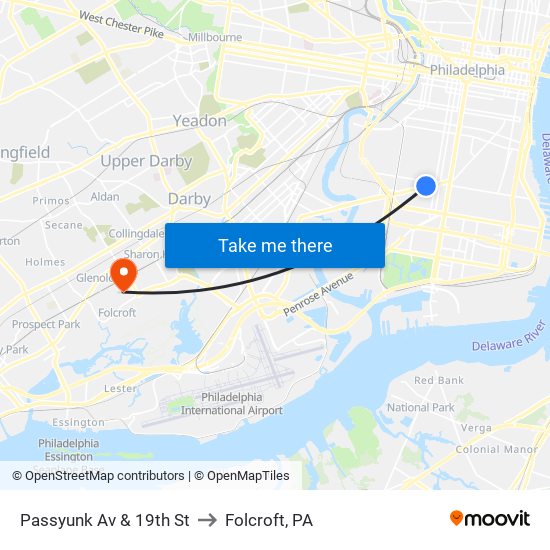 Passyunk Av & 19th St to Folcroft, PA map