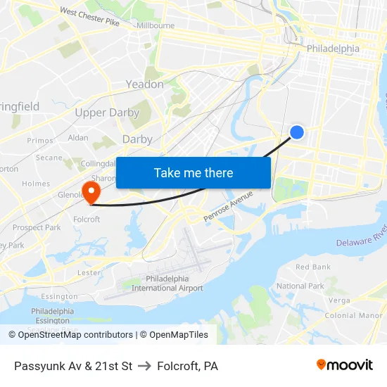Passyunk Av & 21st St to Folcroft, PA map