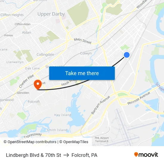 Lindbergh Blvd & 70th St to Folcroft, PA map