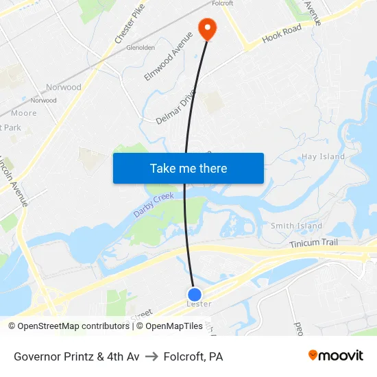 Governor Printz & 4th Av to Folcroft, PA map