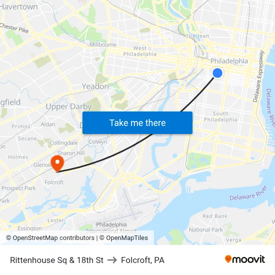 Rittenhouse Sq & 18th St to Folcroft, PA map