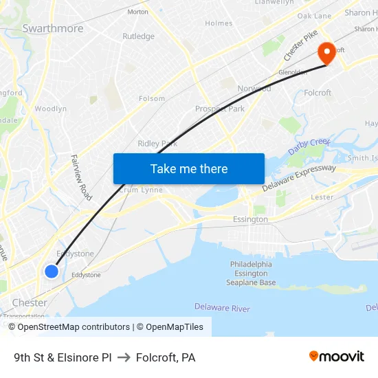 9th St & Elsinore Pl to Folcroft, PA map
