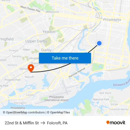 22nd St & Mifflin St to Folcroft, PA map