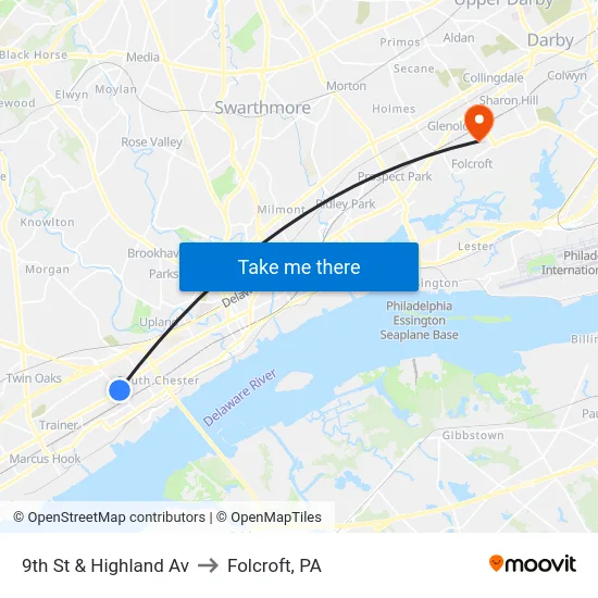 9th St & Highland Av to Folcroft, PA map