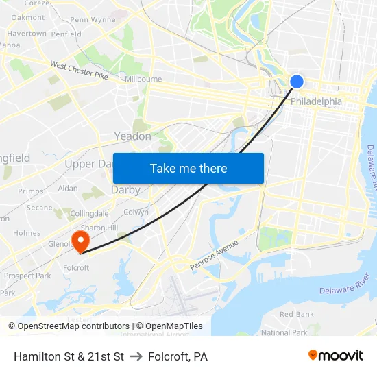 Hamilton St & 21st St to Folcroft, PA map