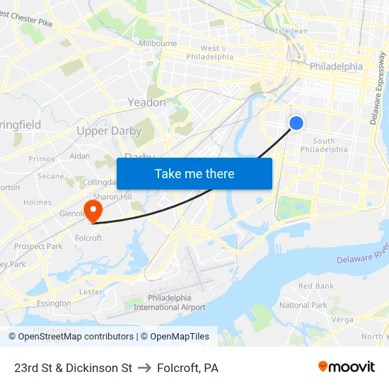 23rd St & Dickinson St to Folcroft, PA map
