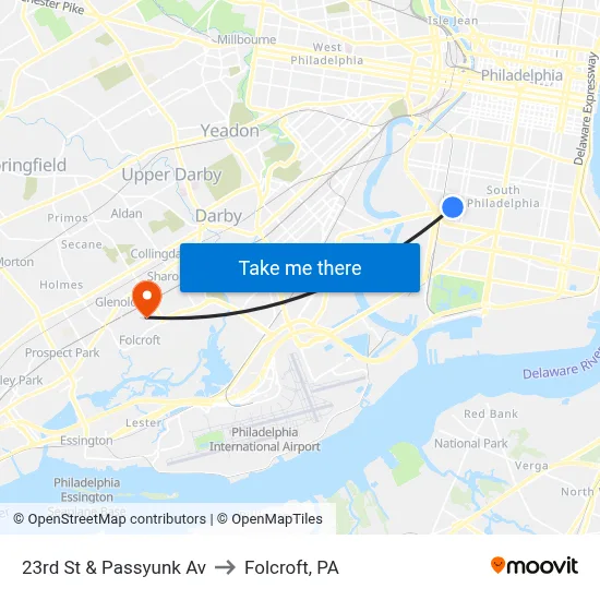 23rd St & Passyunk Av to Folcroft, PA map
