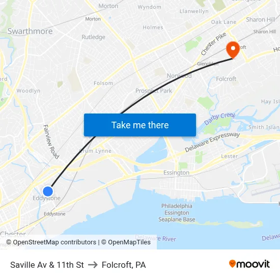 Saville Av & 11th St to Folcroft, PA map
