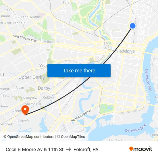 Cecil B Moore Av & 11th St to Folcroft, PA map
