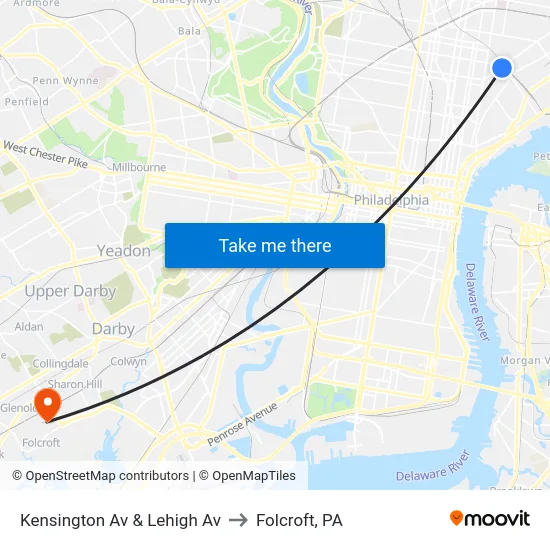Kensington Av & Lehigh Av to Folcroft, PA map