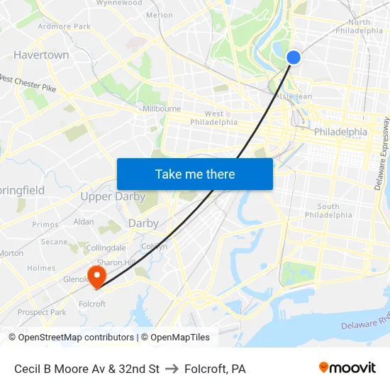 Cecil B Moore Av & 32nd St to Folcroft, PA map