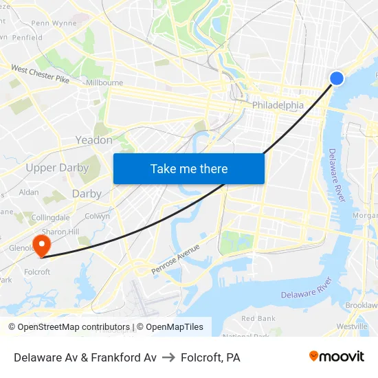 Delaware Av & Frankford Av to Folcroft, PA map