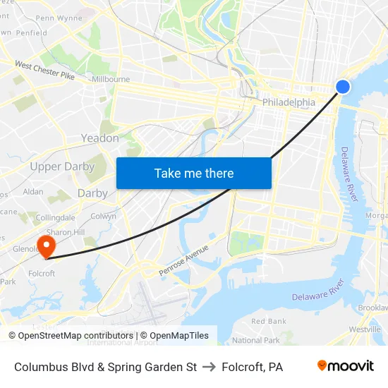 Columbus Blvd & Spring Garden St to Folcroft, PA map