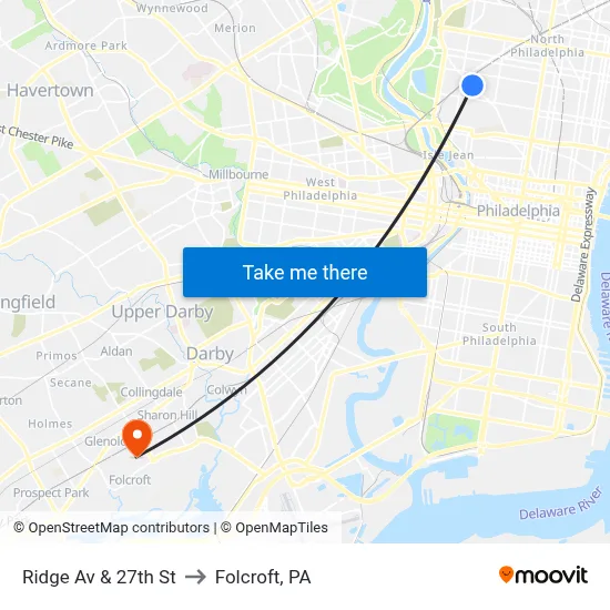 Ridge Av & 27th St to Folcroft, PA map