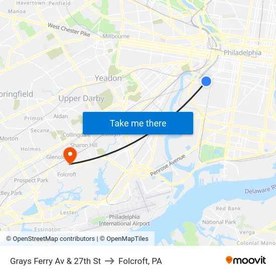 Grays Ferry Av & 27th St to Folcroft, PA map