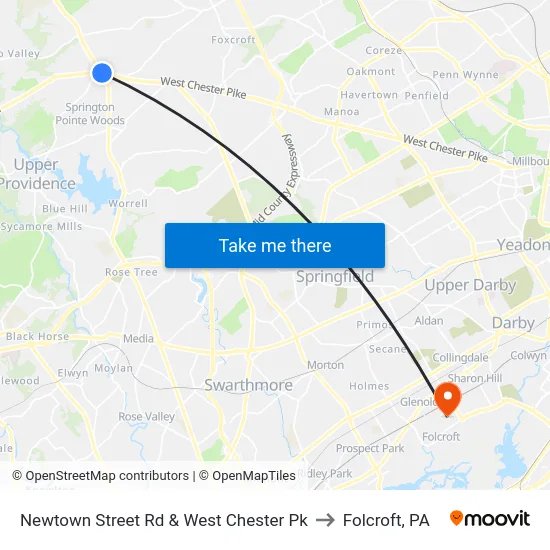 Newtown Street Rd & West Chester Pk to Folcroft, PA map