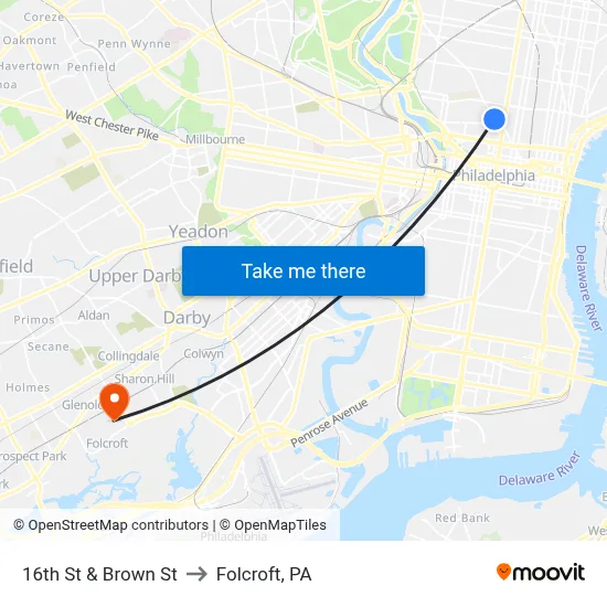 16th St & Brown St to Folcroft, PA map