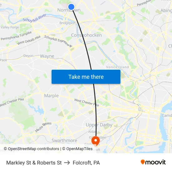 Markley St & Roberts St to Folcroft, PA map