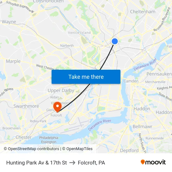 Hunting Park Av & 17th St to Folcroft, PA map