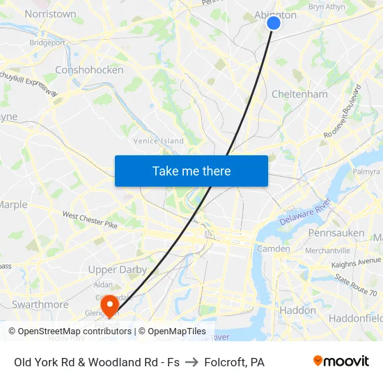 Old York Rd & Woodland Rd - Fs to Folcroft, PA map