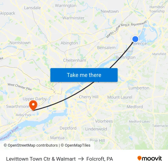 Levittown Town Ctr & Walmart to Folcroft, PA map