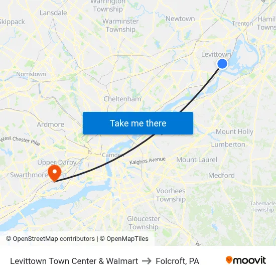 Levittown Town Center & Walmart to Folcroft, PA map
