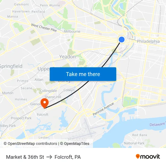 Market & 36th St to Folcroft, PA map