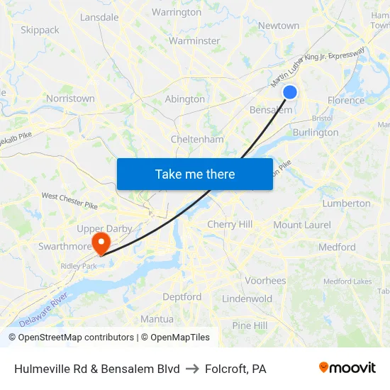 Hulmeville Rd & Bensalem Blvd to Folcroft, PA map