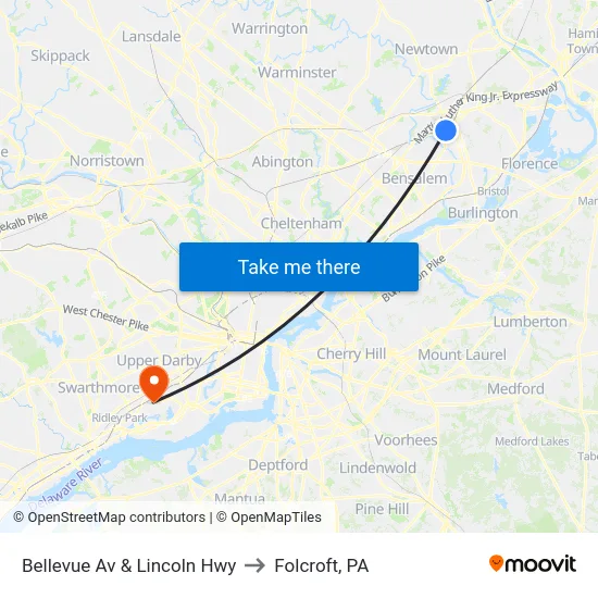 Bellevue Av & Lincoln Hwy to Folcroft, PA map