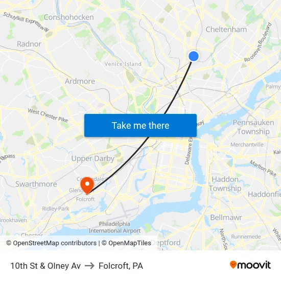 10th St & Olney Av to Folcroft, PA map