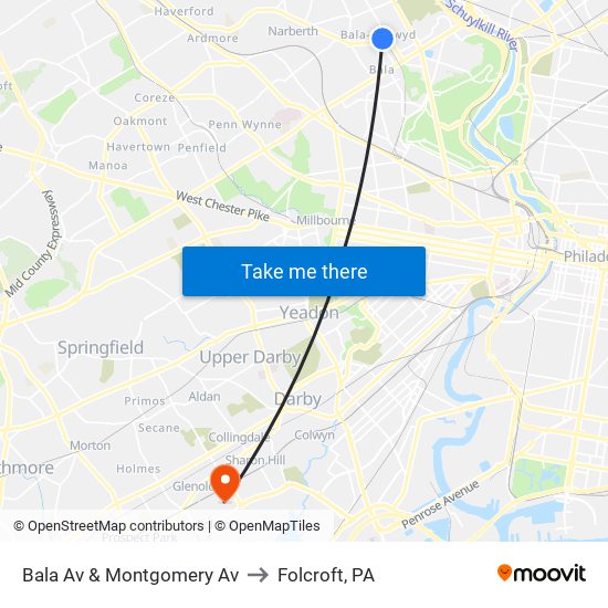 Bala Av & Montgomery Av to Folcroft, PA map