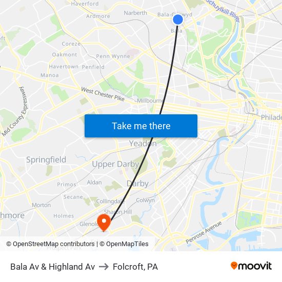 Bala Av & Highland Av to Folcroft, PA map