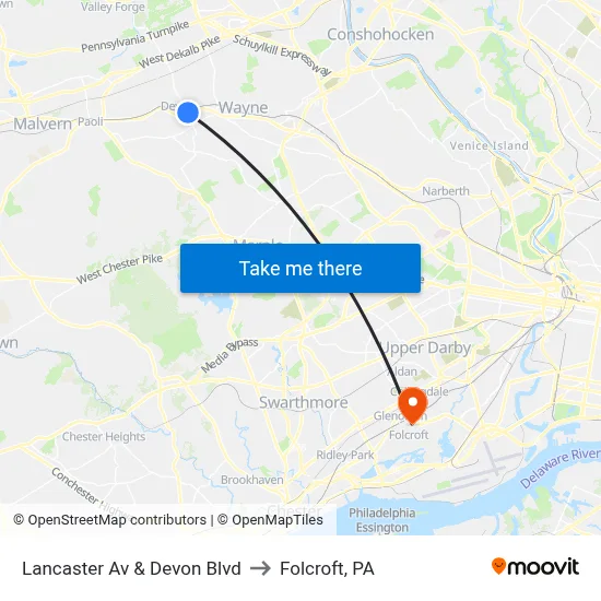 Lancaster Av & Devon Blvd to Folcroft, PA map