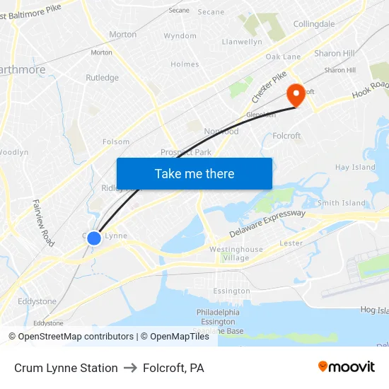 Crum Lynne Station to Folcroft, PA map
