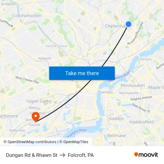 Dungan Rd & Rhawn St to Folcroft, PA map