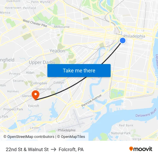 22nd St & Walnut St to Folcroft, PA map